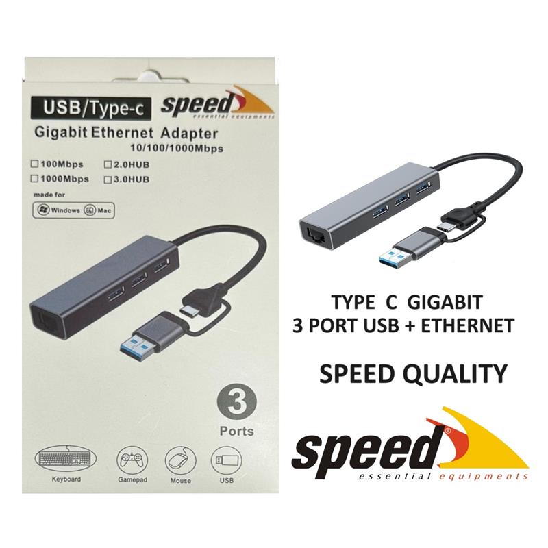 SPEED SP UET01 10/100/1000MBPS USB / TYPE-C 3 PORT USB 3.0 ÇOKLAYICI GIGABIT ETHERNET ÇEVİRİCİ 