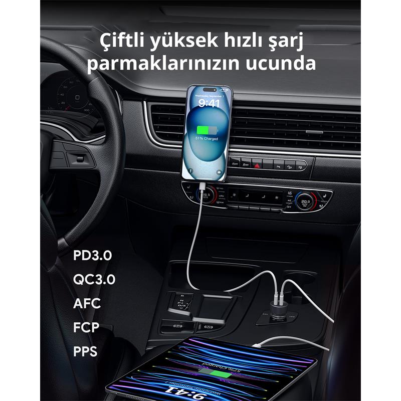 AUKEY CC-Y23-BK 65W 2* TYPE-C PD ARAÇ ŞARJ CİHAZI AUKEY CC-Y23-BK 65W 2* TYPE-C PD ARAÇ ŞARJ CİHAZI